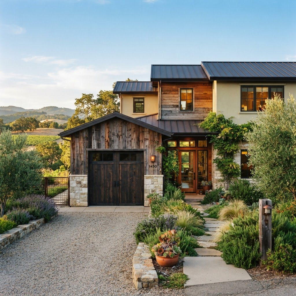 Contemporary Northern California home with a striking garage door