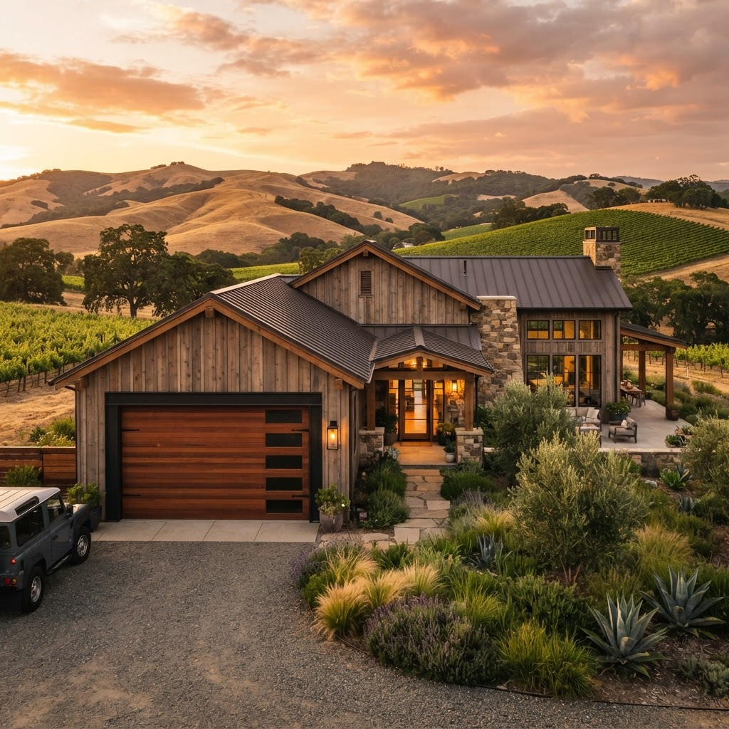 Northern California wine-country home at golden hour with a modern garage door