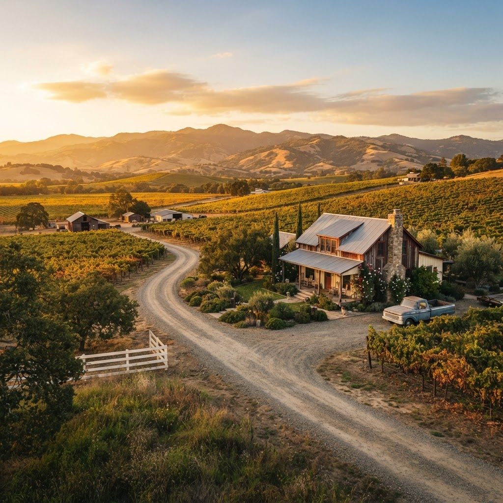 Sonoma County farmhouse exterior with a long driveway at golden hour